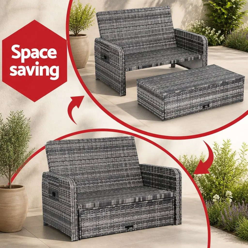 Outdoor Day Bed Sun Lounge Wicker Rattan Patio Furniture Adjustable Lounger Grey