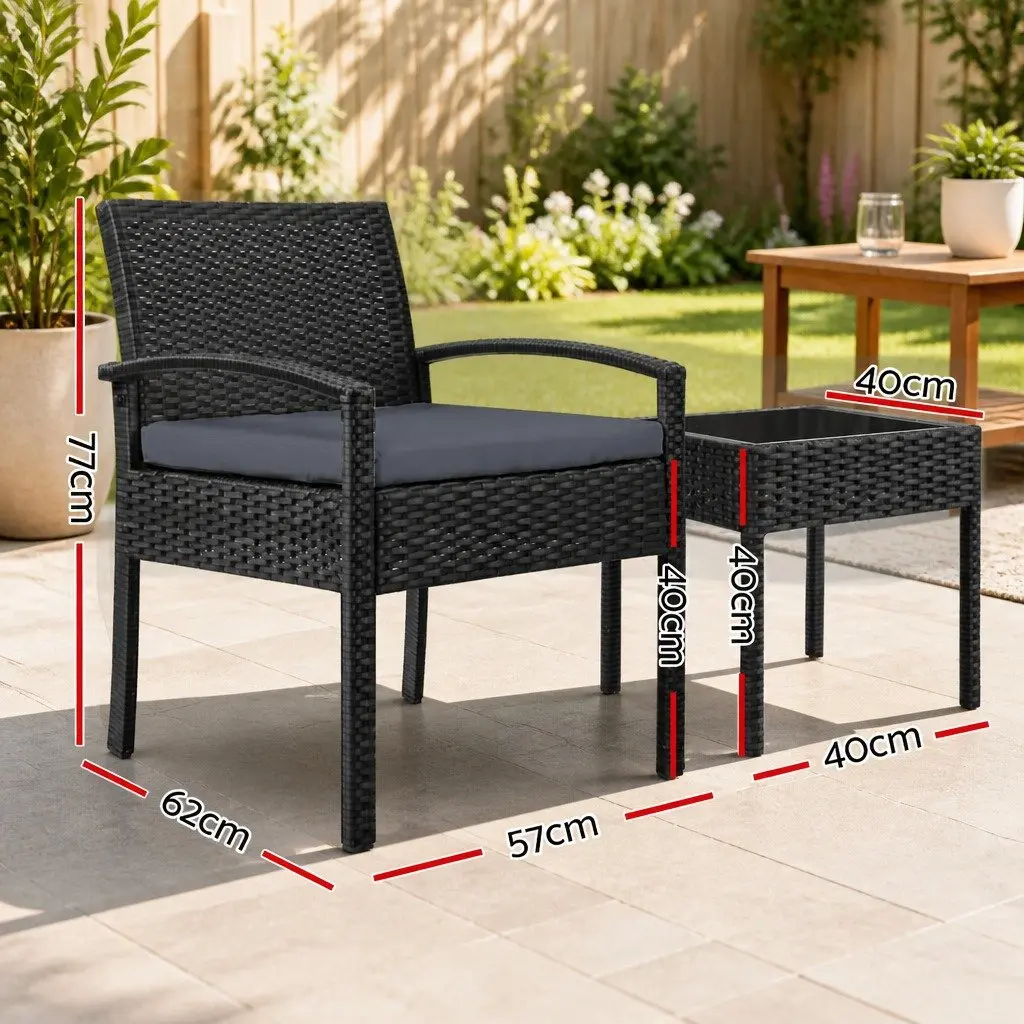 Outdoor Lounge Set 3 Piece for Patio Black Wicker Chairs and Table