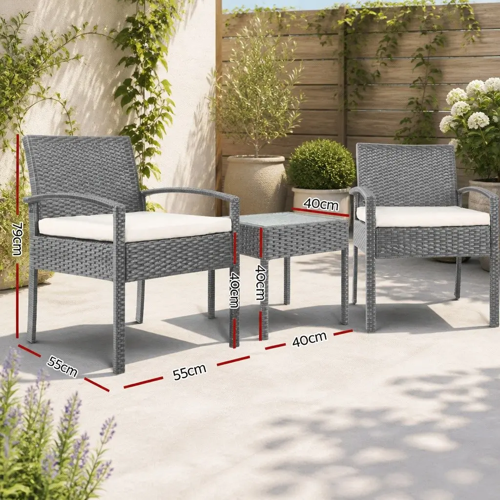 3PC Patio Lounge Set Outdoor Bistro Furniture Wicker Chairs Side Table Grey