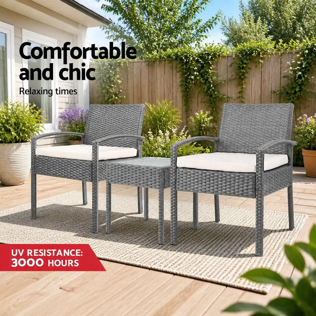 3PC Patio Lounge Set Outdoor Bistro Furniture Wicker Chairs Side Table Grey