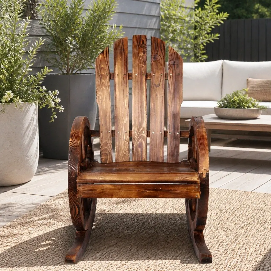 Wagon Wheels Rocking Chair Outdoor Garden Brown Canadian Fir Wood