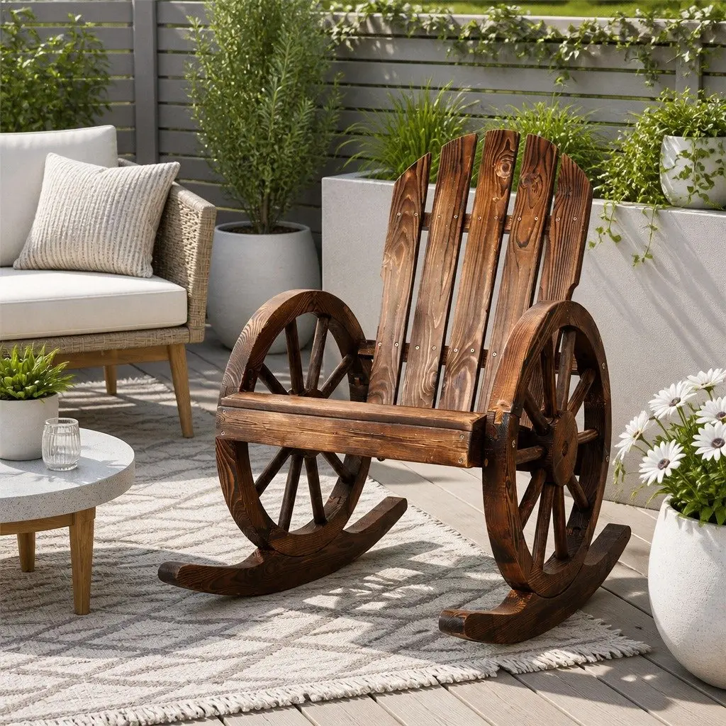 Wagon Wheels Rocking Chair Outdoor Garden Brown Canadian Fir Wood
