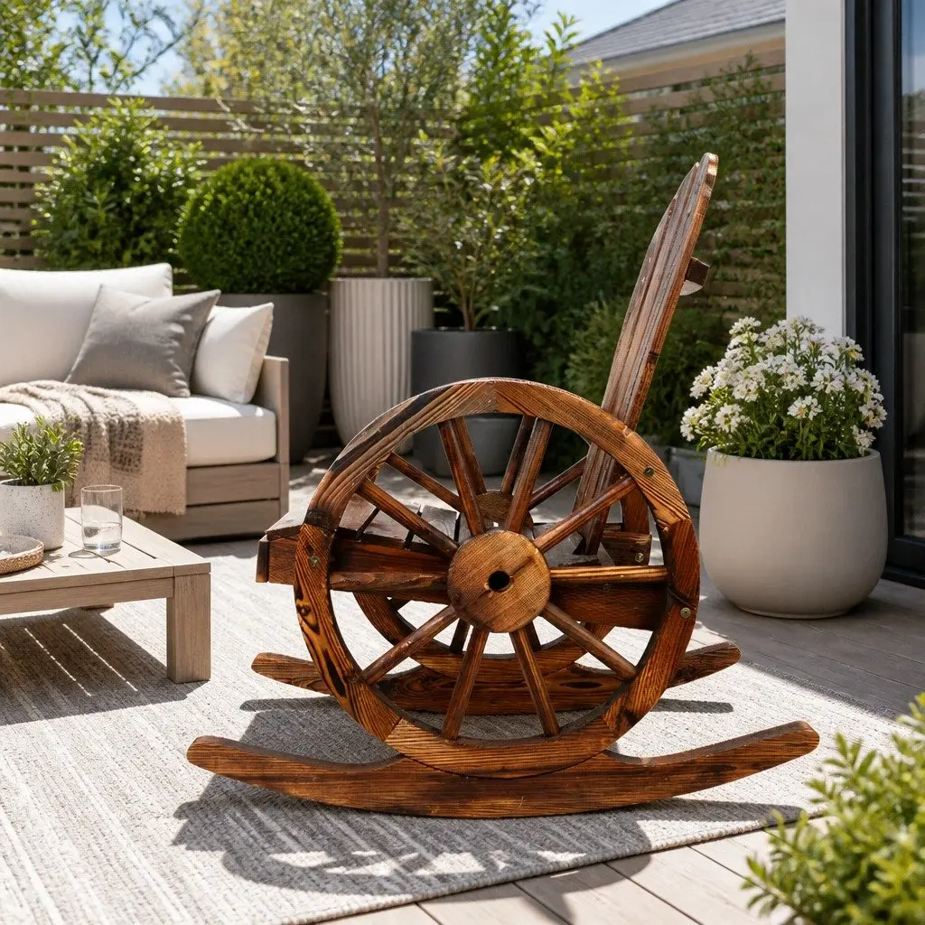 Wagon Wheels Rocking Chair Outdoor Garden Brown Canadian Fir Wood