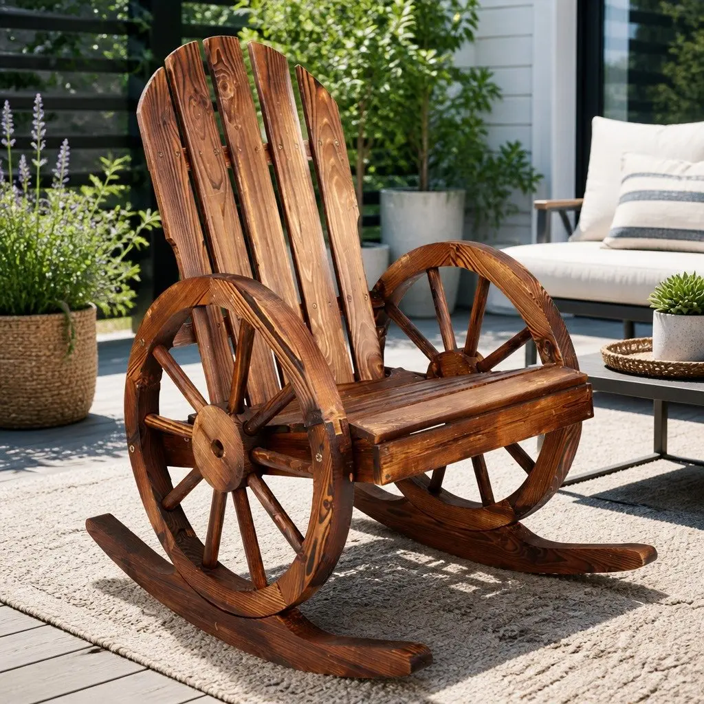 Wagon Wheels Rocking Chair Outdoor Garden Brown Canadian Fir Wood