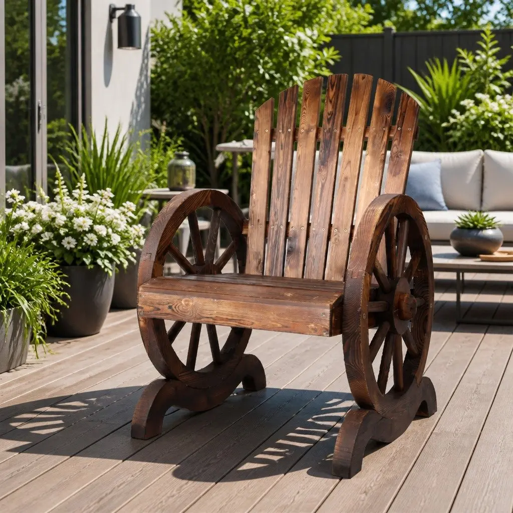 Wooden Wagon Chair Outdoor Garden Seat Brown Rustic Backrest Armrests Patio