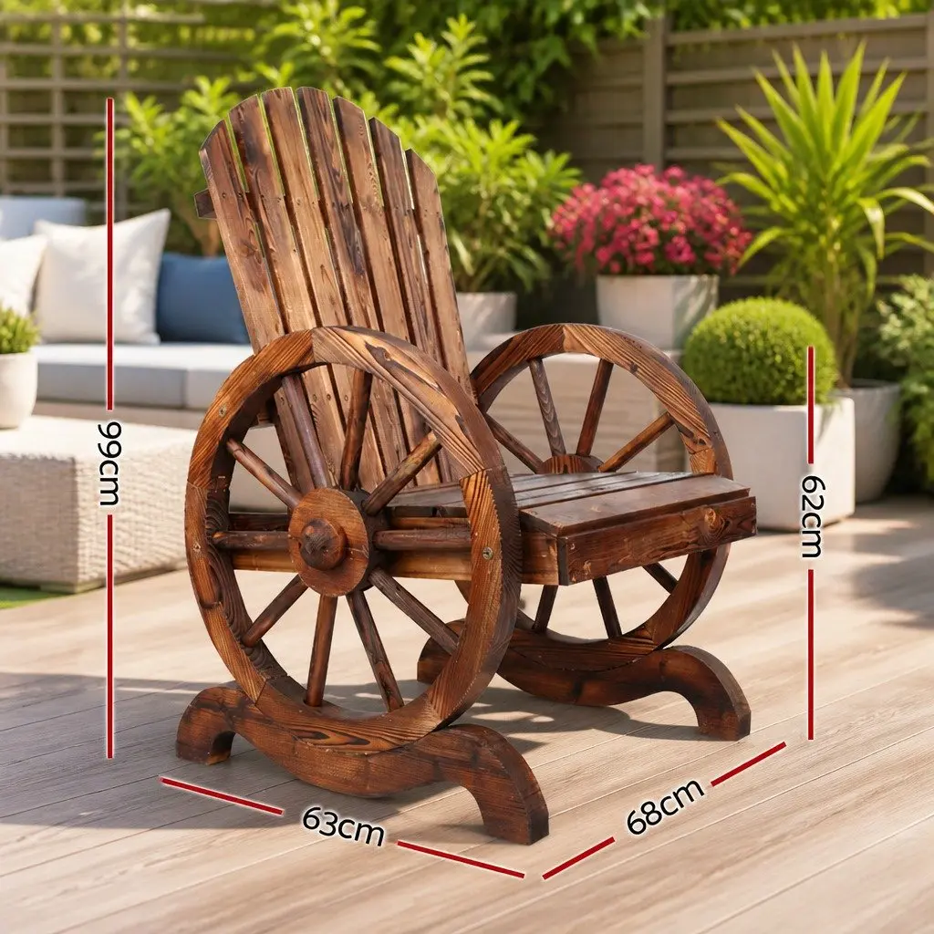 Wooden Wagon Chair Outdoor Garden Seat Brown Rustic Backrest Armrests Patio