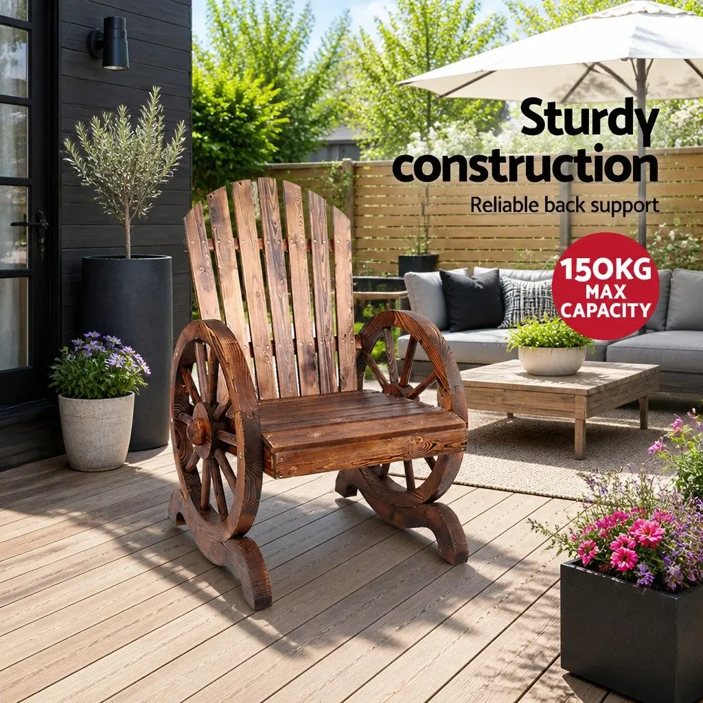 Wooden Wagon Chair Outdoor Garden Seat Brown Rustic Backrest Armrests Patio