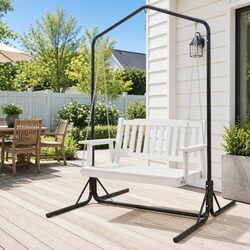 2-Seater Outdoor Swing Chair Wooden Bench with Metal Stand Garden Hanging Seat