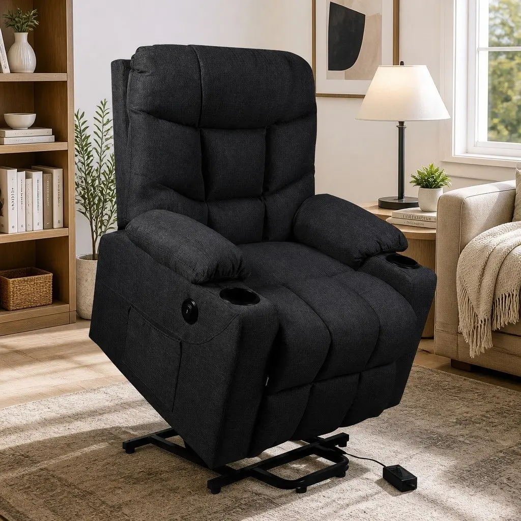 Electric Lift Recliner Chair Living Room Wide Seat Black Microfibre