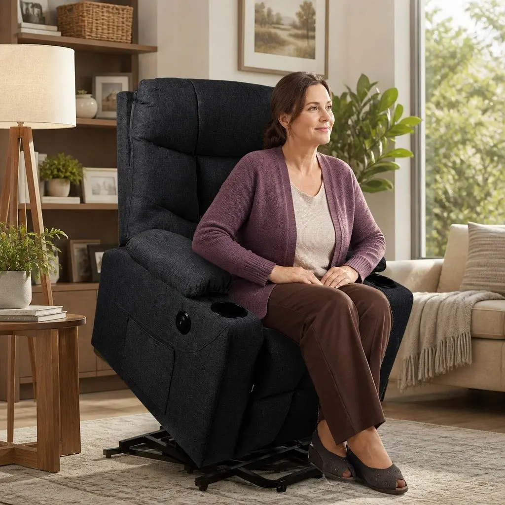 Electric Lift Recliner Chair Living Room Wide Seat Black Microfibre