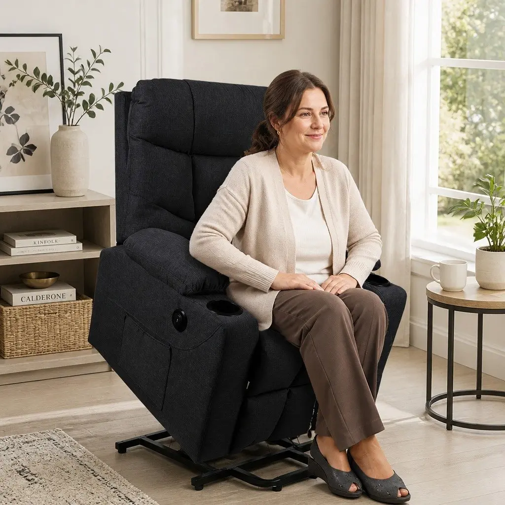 Electric Lift Recliner Chair Living Room Wide Seat Black Microfibre