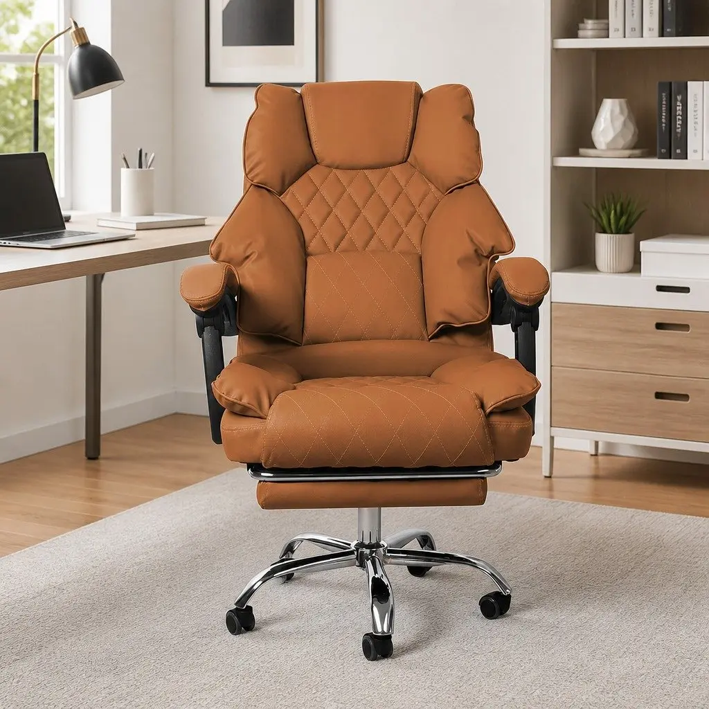 Gaming Office Chair for Computer Desk Brown Adjustable Reclining Footrest