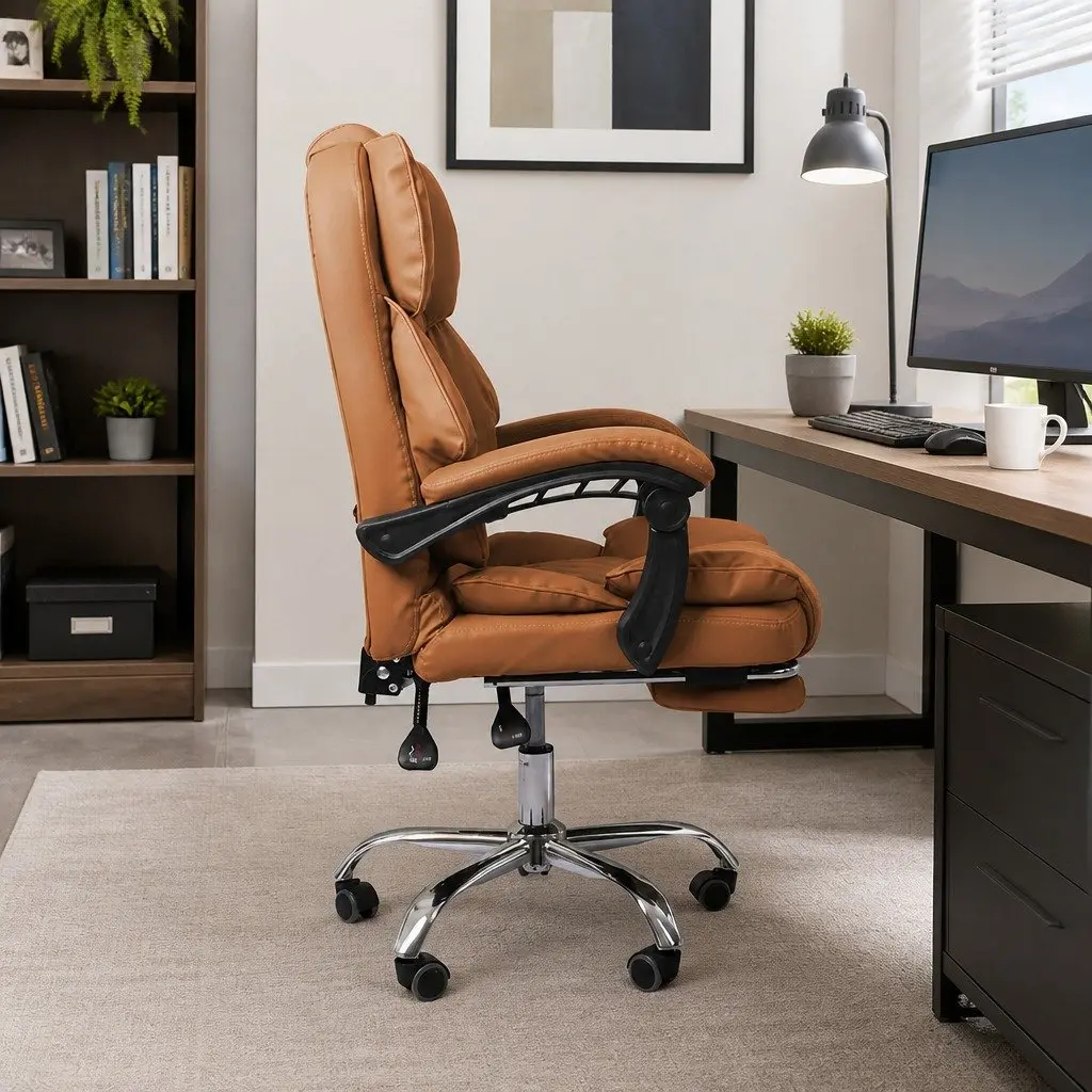 Gaming Office Chair for Computer Desk Brown Adjustable Reclining Footrest