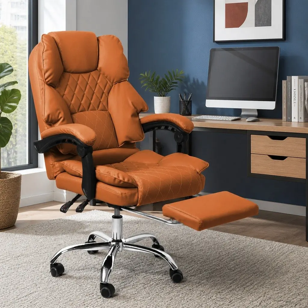 Gaming Office Chair for Computer Desk Brown Adjustable Reclining Footrest