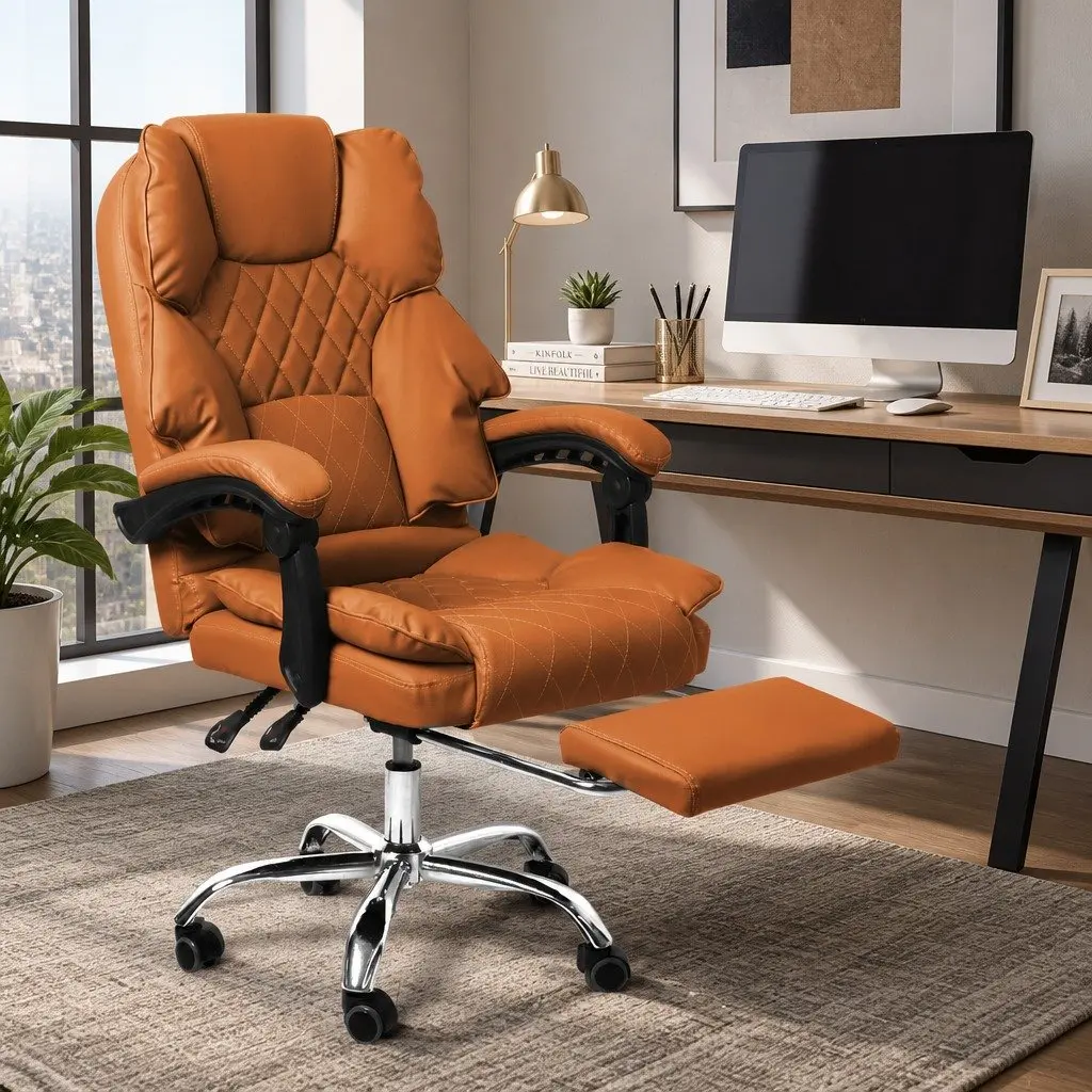Gaming Office Chair for Computer Desk Brown Adjustable Reclining Footrest