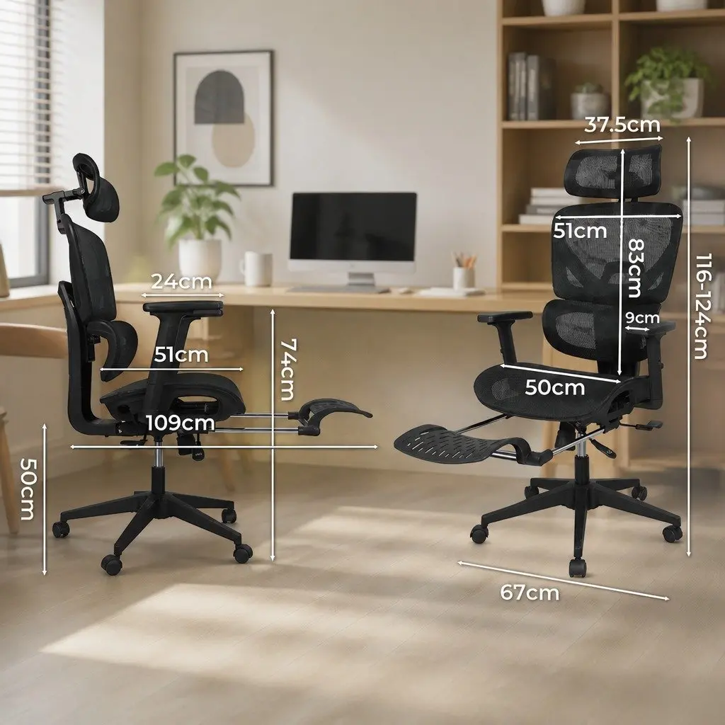 Ergonomic Office Chair for Home and Office Black Mesh Adjustable Lumbar with Footrest 67cm W x 109cm D x 116124cm H