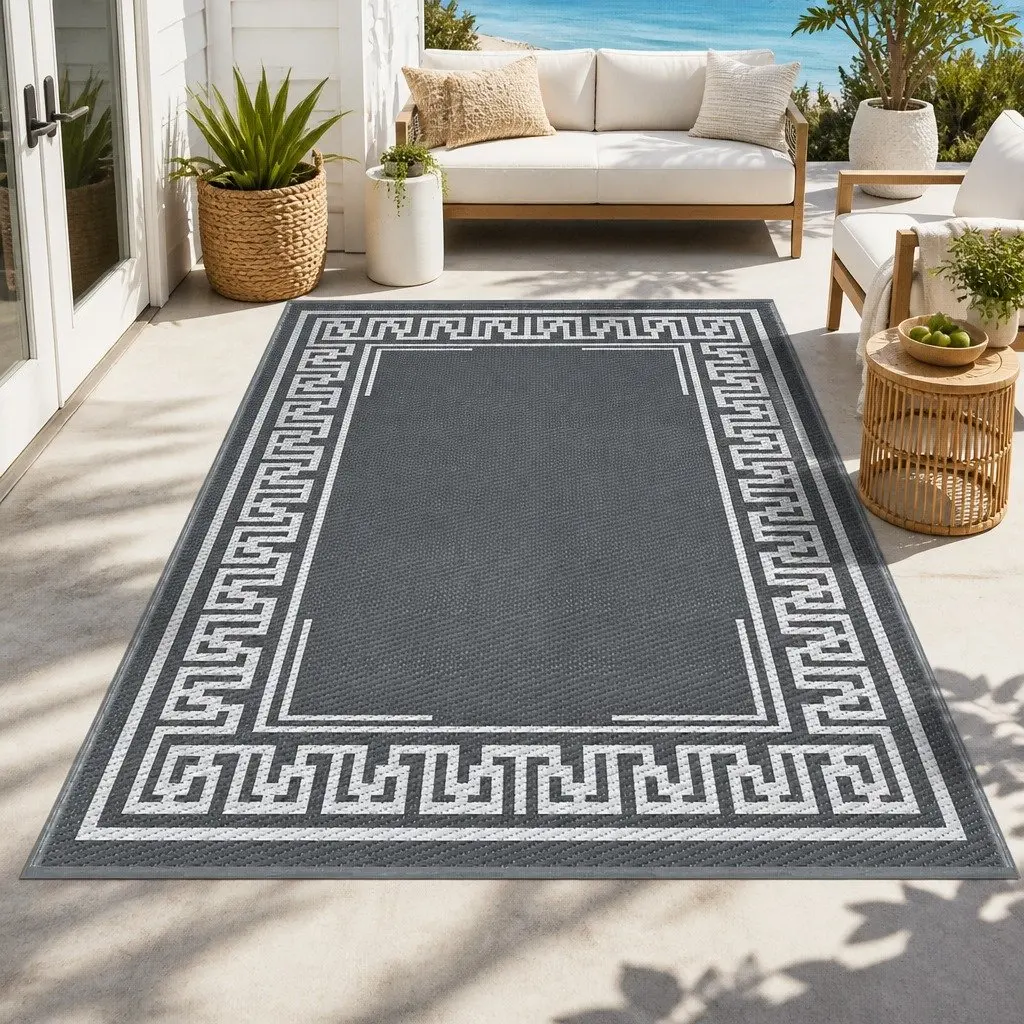 Outdoor Rug for Patio 152x244cm Reversible Dual-Sided Grey Carpet