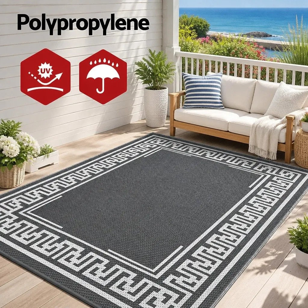 Outdoor Rug for Patio 152x244cm Reversible Dual-Sided Grey Carpet
