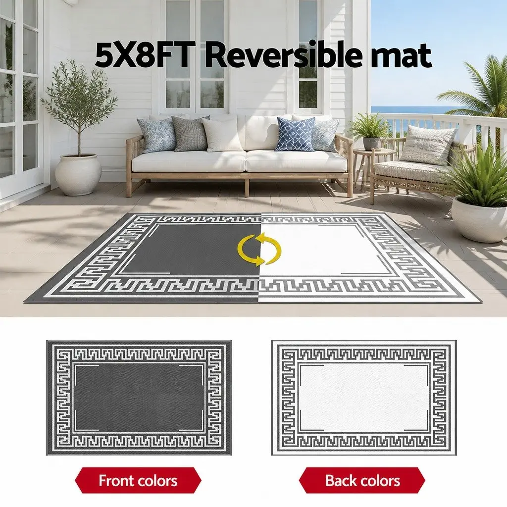 Outdoor Rug for Patio 152x244cm Reversible Dual-Sided Grey Carpet