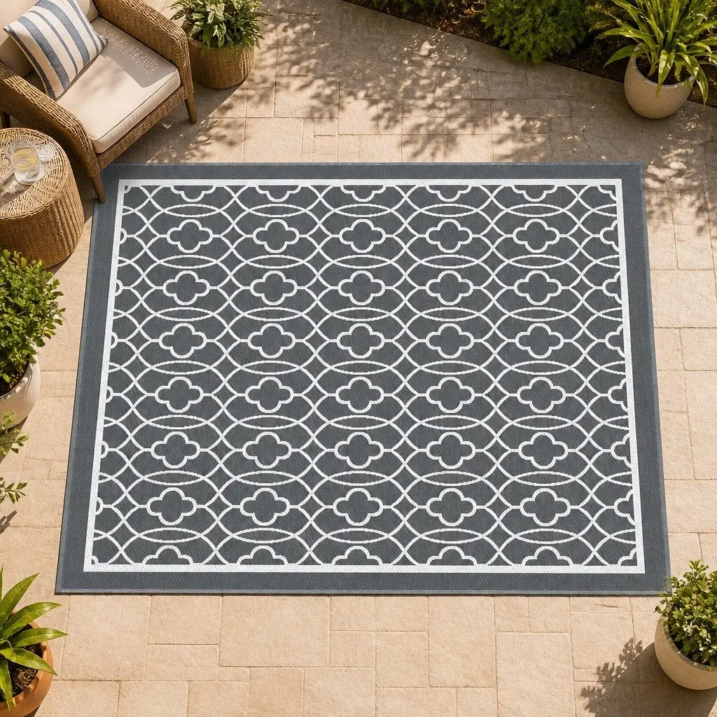 Outdoor Rug Patio 274x366cm Large Reversible Carpet Grey Dual-Sided