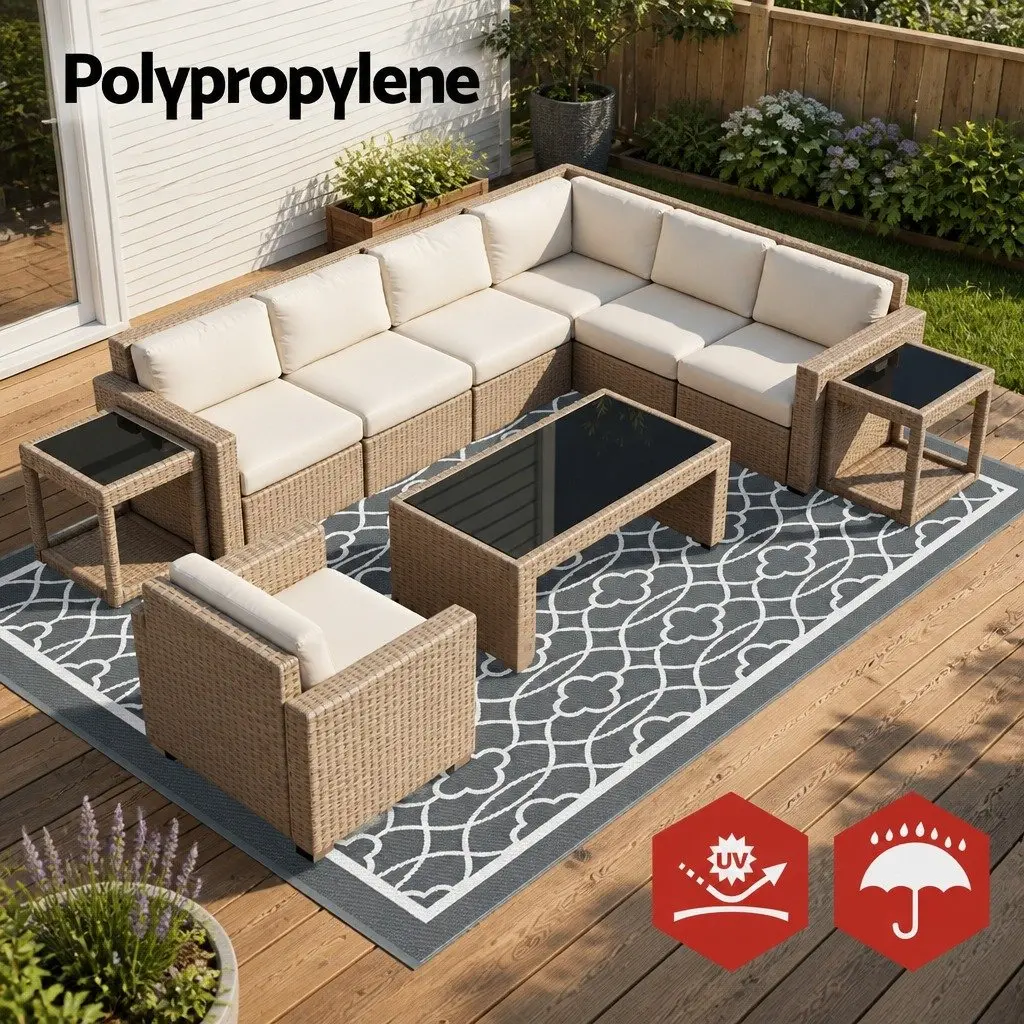 Outdoor Rug Patio 274x366cm Large Reversible Carpet Grey Dual-Sided