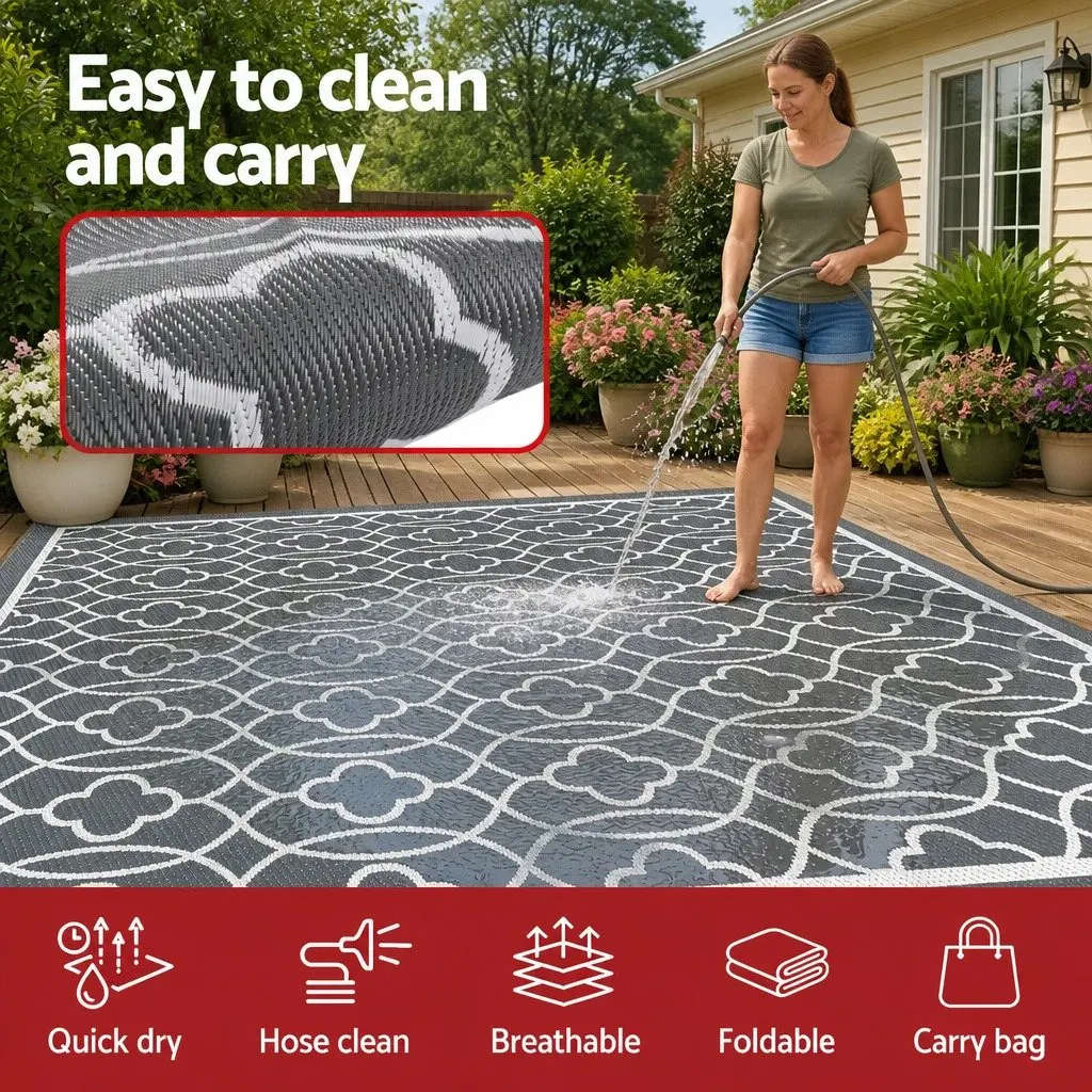 Outdoor Rug Patio 274x366cm Large Reversible Carpet Grey Dual-Sided
