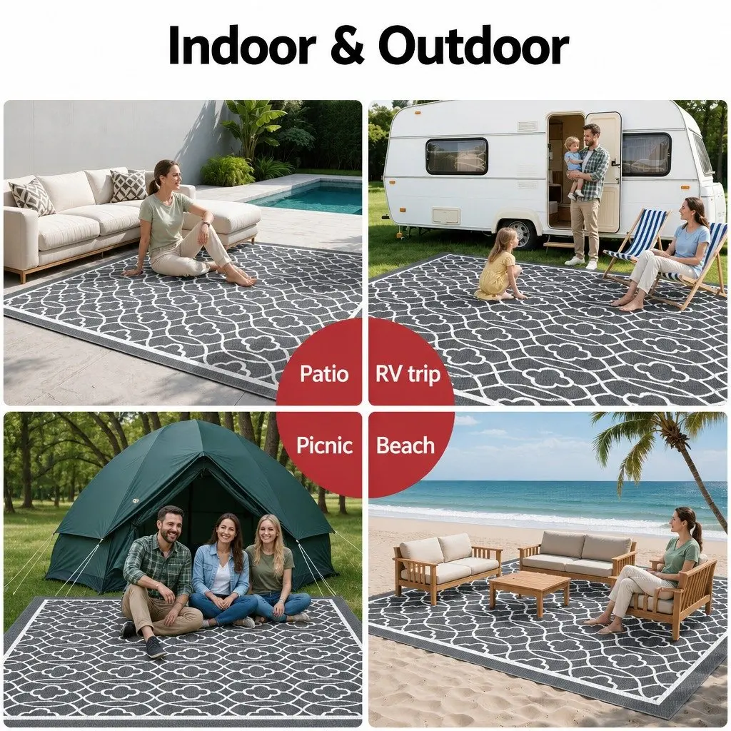 Outdoor Rug Patio 274x366cm Large Reversible Carpet Grey Dual-Sided