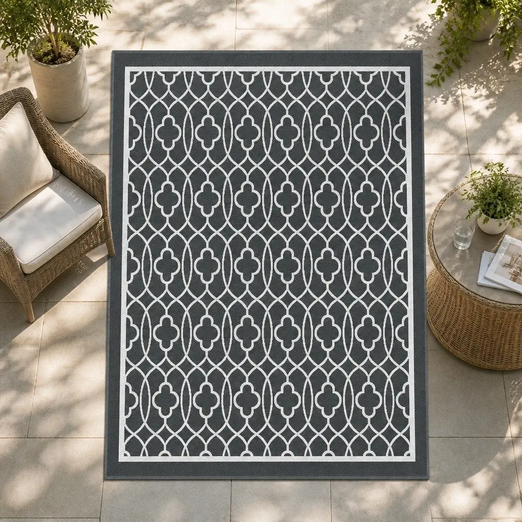 Outdoor Rug Patio 274x366cm Large Reversible Carpet Grey Dual-Sided