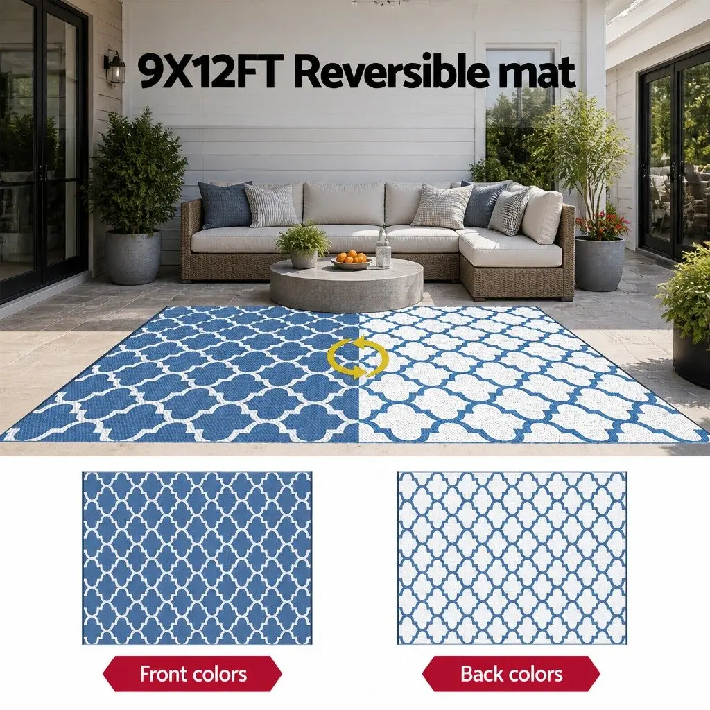 Outdoor Rug for Patio 274x366cm Reversible Dual-Sided Blue Polypropylene Carpet