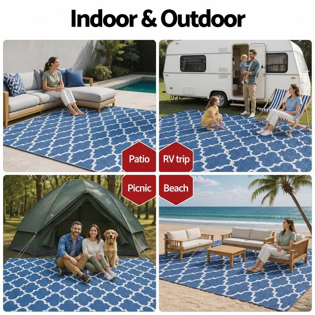 Outdoor Rug for Patio 274x366cm Reversible Dual-Sided Blue Polypropylene Carpet