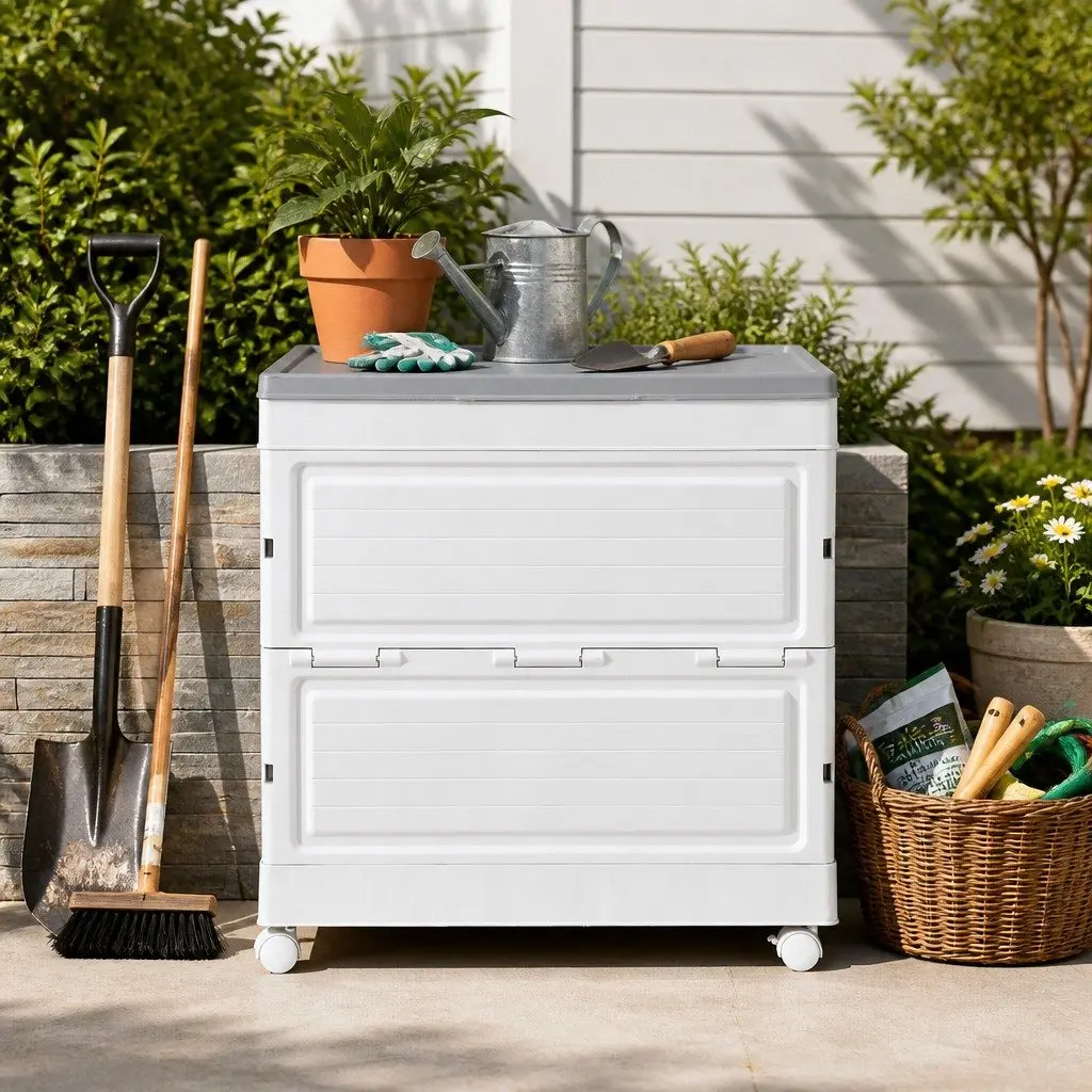Outdoor Storage Box for Garden 159L Portable Foldable Beige with Wheels