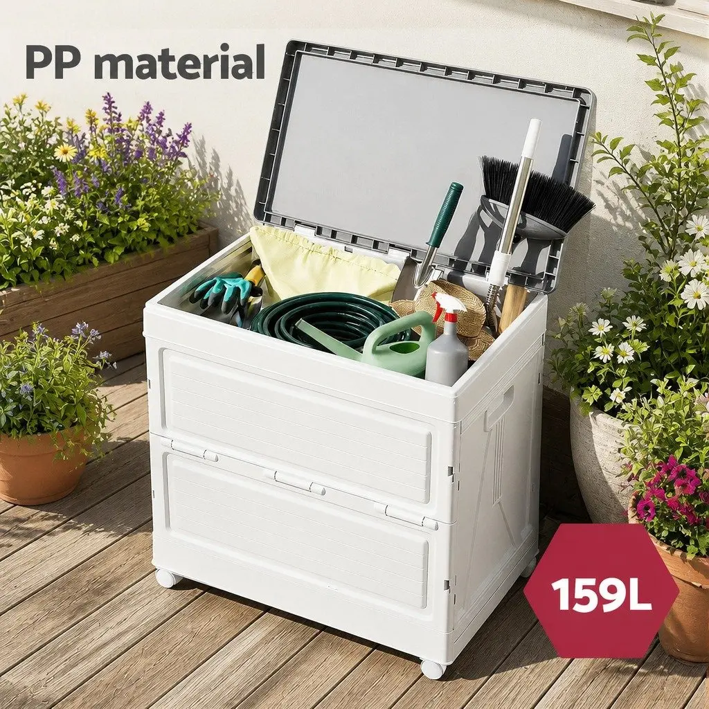 Outdoor Storage Box for Garden 159L Portable Foldable Beige with Wheels