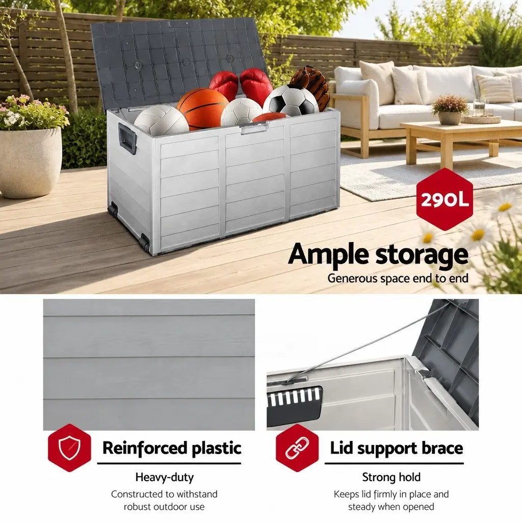 Outdoor Storage Box 290L Lockable Garden Organiser Deck Shed Tool Box Grey