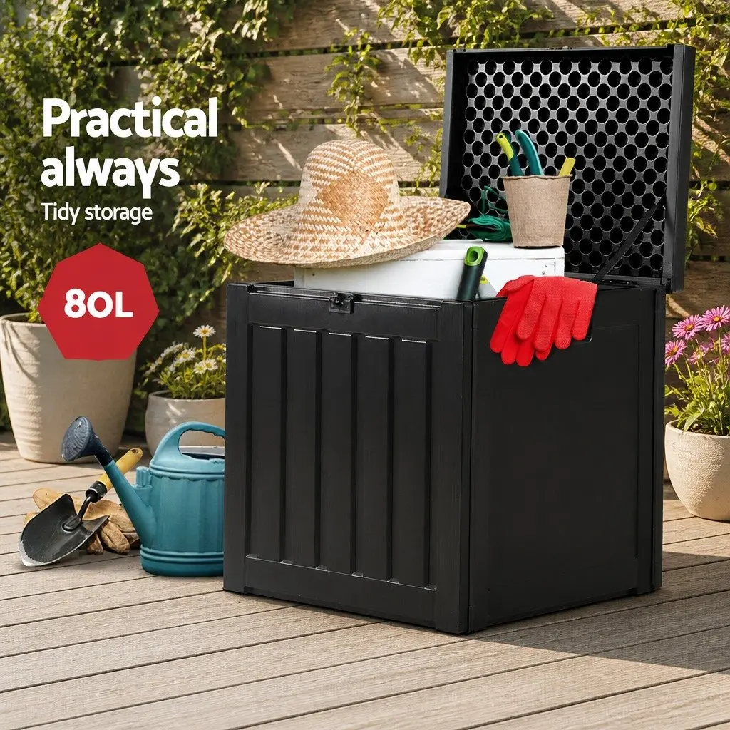 Outdoor Storage Box Lockable 80L Bench Seat Black Weather Resistant Garden Tool Container