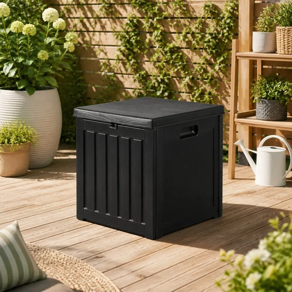 Outdoor Storage Box Lockable 80L Bench Seat Black Weather Resistant Garden Tool Container