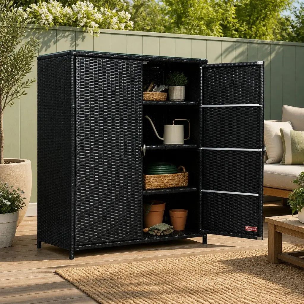 Outdoor Storage Cabinet Wicker Shelf Chest Box Garden Shed Tools Organizer Black