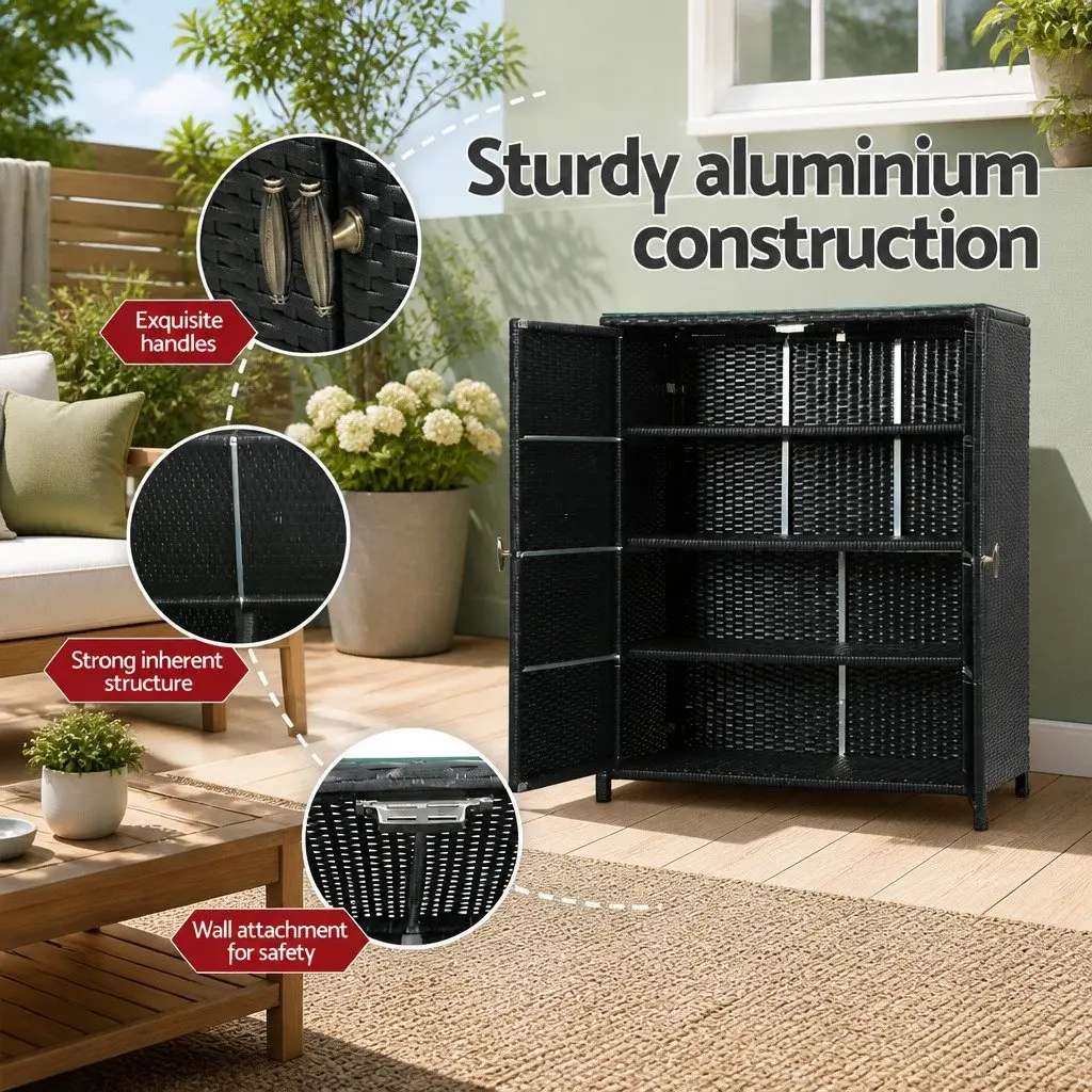 Outdoor Storage Cabinet Wicker Shelf Chest Box Garden Shed Tools Organizer Black