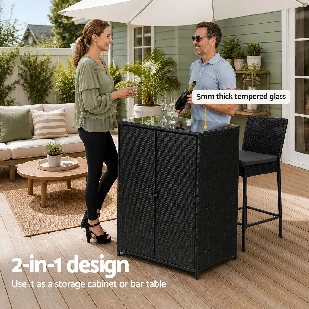 Outdoor Storage Cabinet Wicker Shelf Chest Box Garden Shed Tools Organizer Black