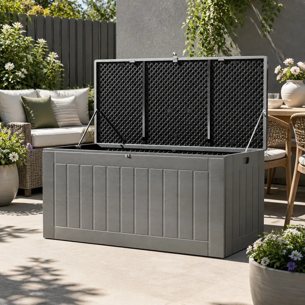 Outdoor Storage Box for Garden Tools 830L Lockable Bench Black Grey