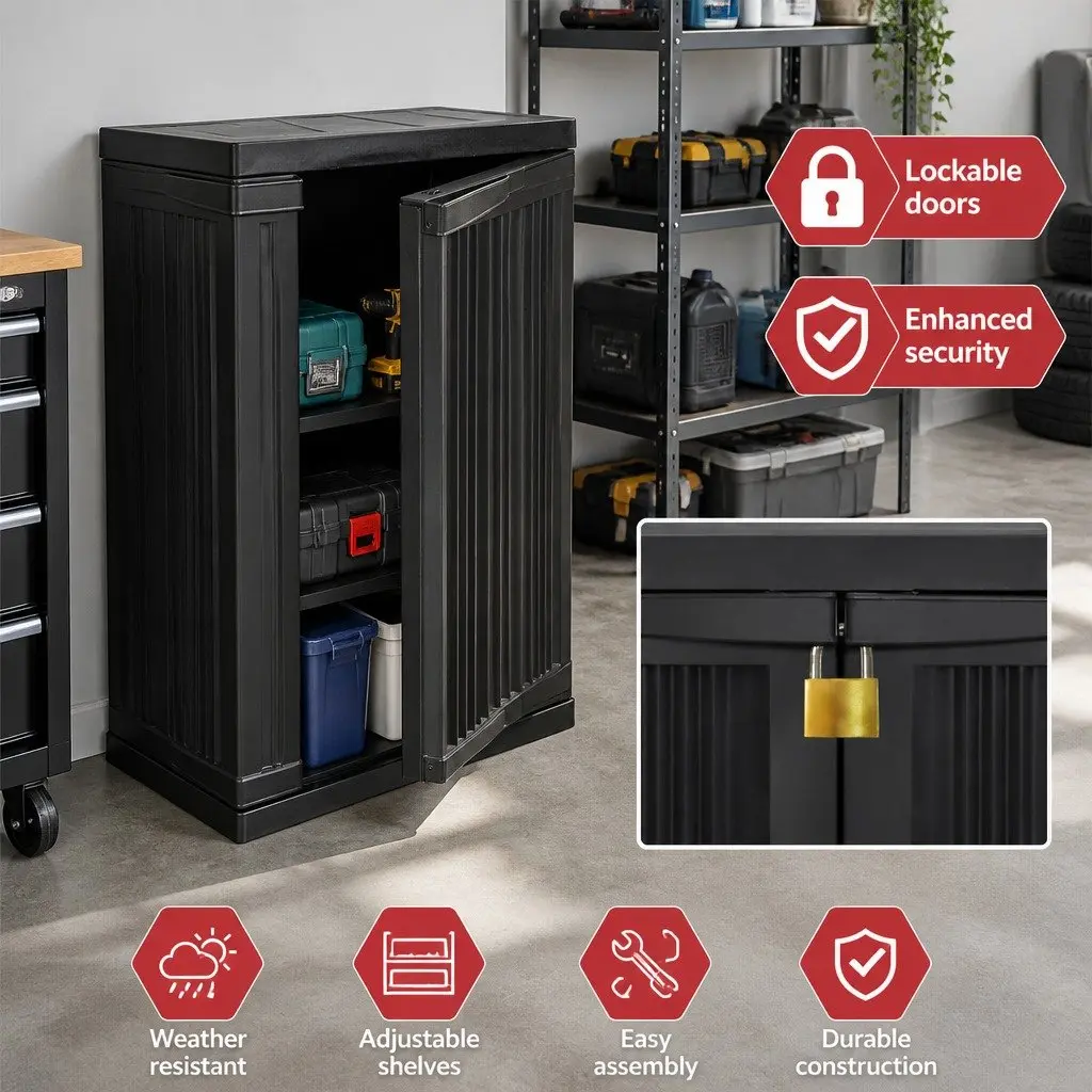 Outdoor Storage Cabinet for Garage 92cm Tall Lockable Cupboard with Adjustable Shelves