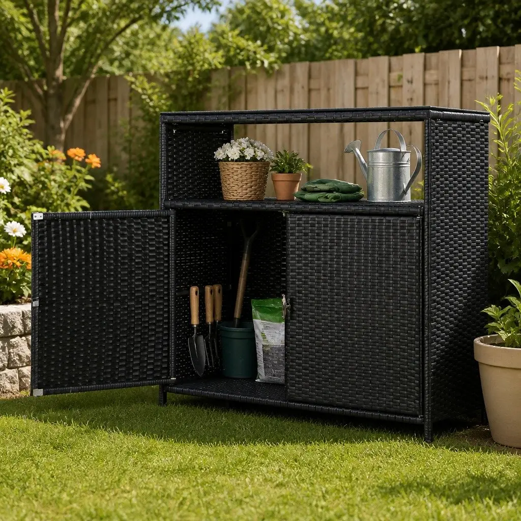 Black Wicker Garden Storage Cabinet