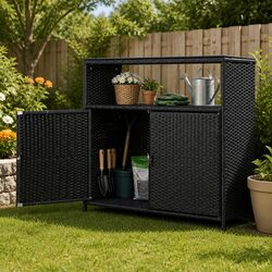 Outdoor Storage Cabinet Black Wicker Shed Box Garage Tools Chest Garden