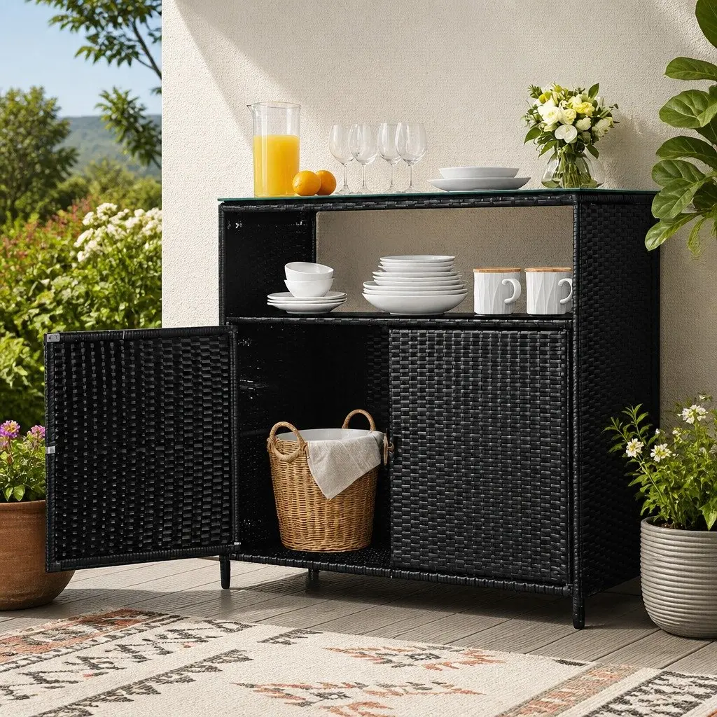 Outdoor Storage Cabinet Black Wicker Shed Box Garage Tools Chest Garden