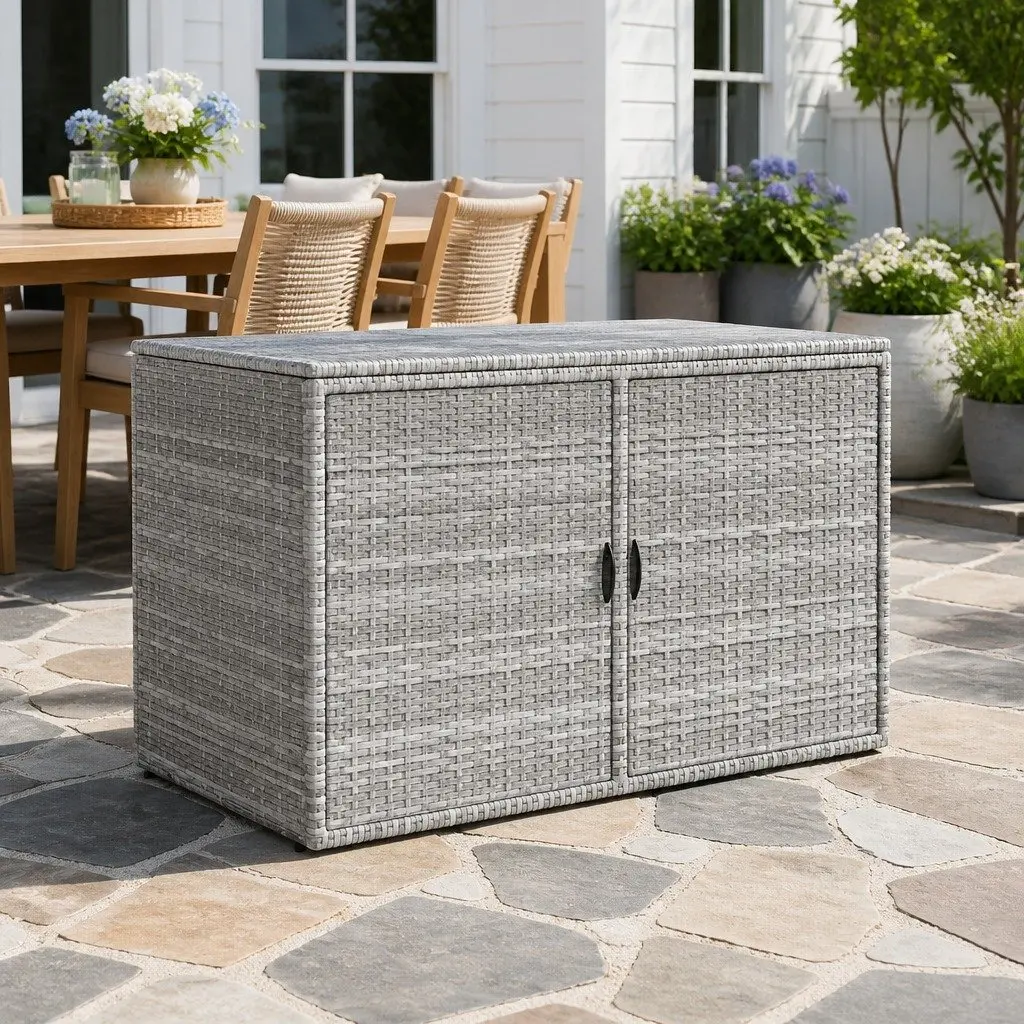 Outdoor Storage Cabinet Wicker Box Deck Chest Garden Shed Tools Organiser Grey