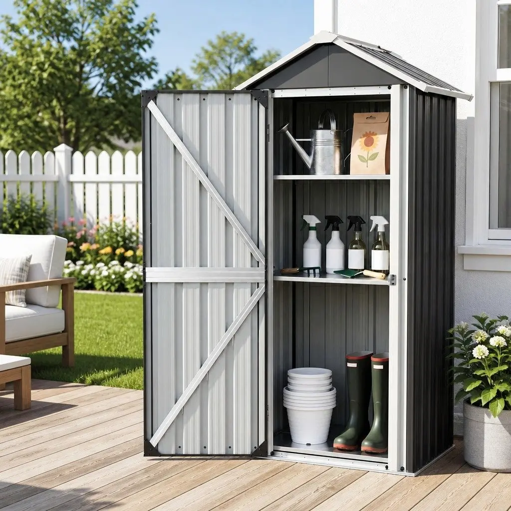 Outdoor Storage Cabinet Vertical Garden Shed Steel Tool Lockable Cupboard