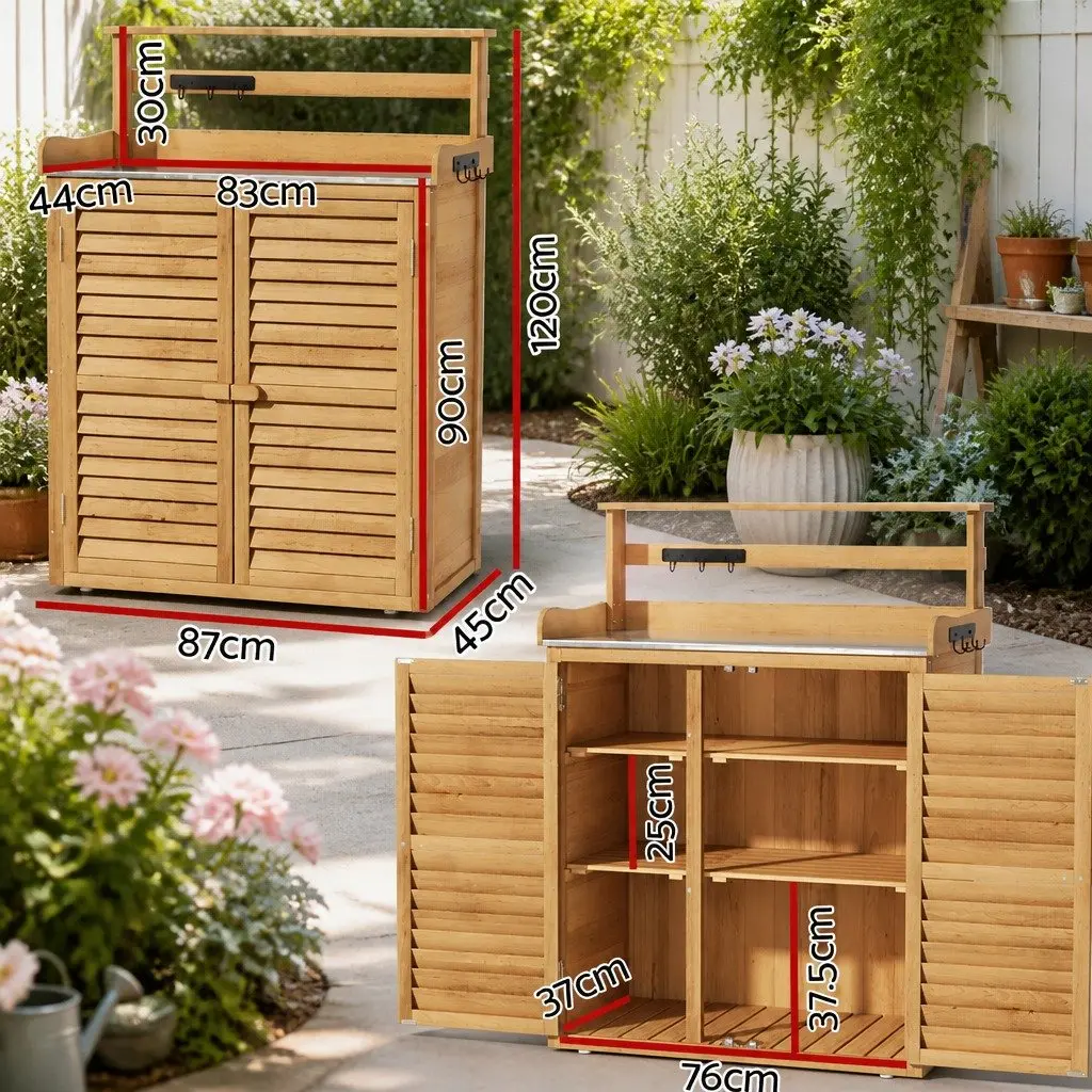 Outdoor Storage Cabinet Potting Bench Garden Shed 2-in-1 Workbench Shelving Unit