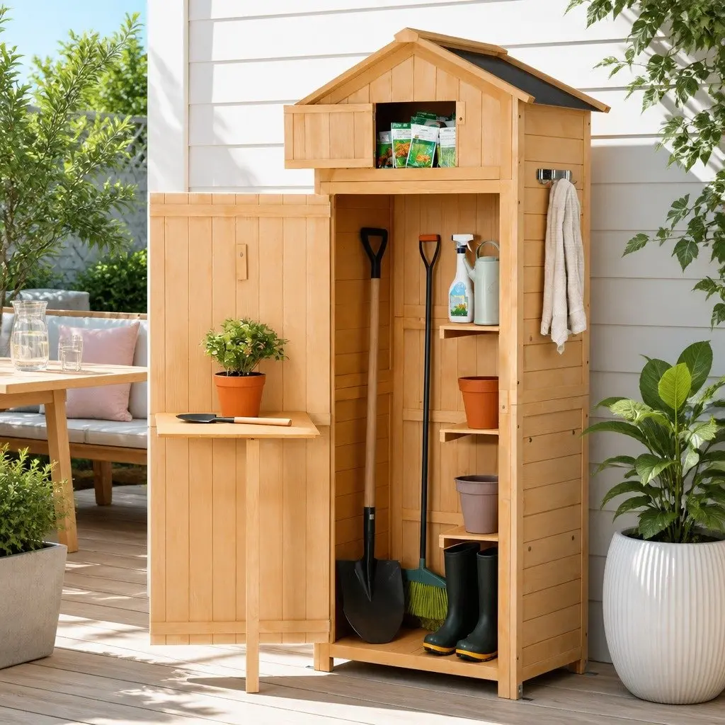 Outdoor Storage Cabinet Tool Organizer with Foldable Work Table 182 x 42 x 65 cm