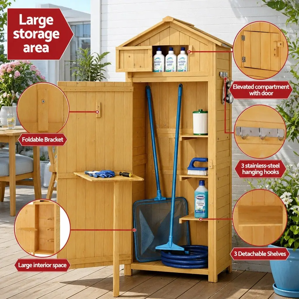 Outdoor Storage Cabinet Tool Organizer with Foldable Work Table 182 x 42 x 65 cm