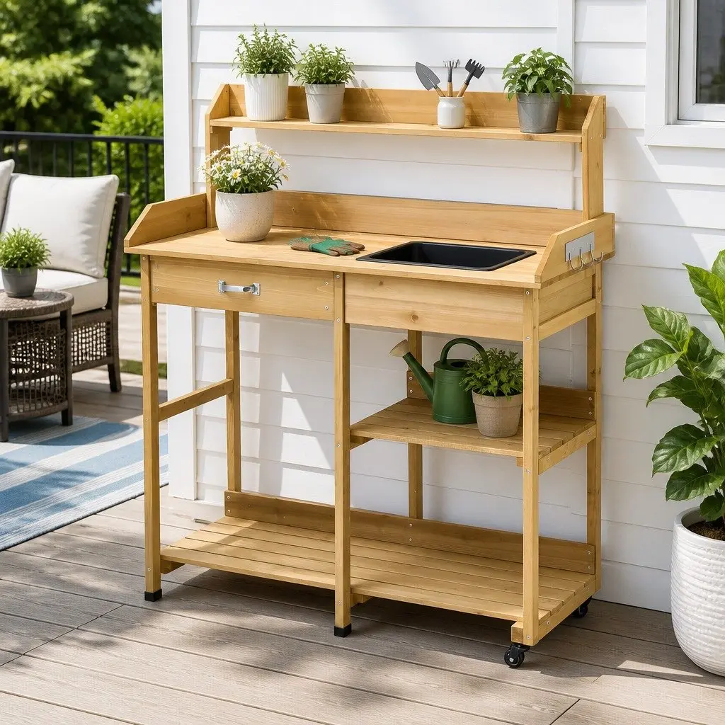 Outdoor Cedar Potting Bench Workstation