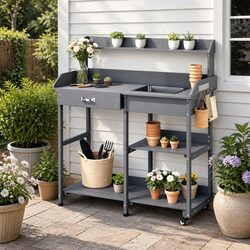 Outdoor Potting Bench Garden Storage Workstation with Sink Wheels and Shelves